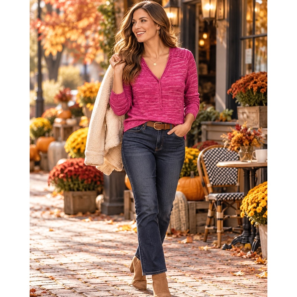 Eddie Bauer V-Neck Sweater Women PM Pink Excellent Space Dye Cotton Blend Knit